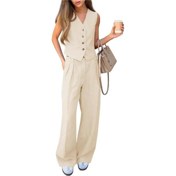 Women's V Neck Crop Vest Blazer Wide Leg Suit Pants Set - Chic & Versatile - Picture 1 of 6